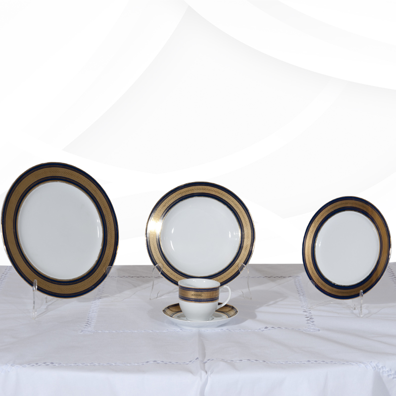 RENTA VAJILLA ELEGANCE DECORADO AZUL CON ORO