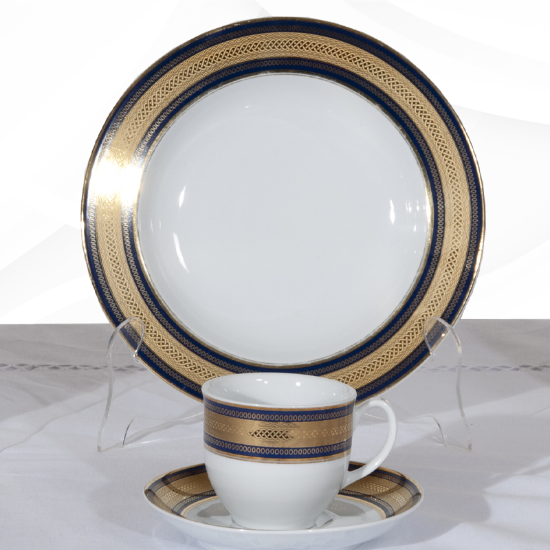 RENTA VAJILLA ELEGANCE DECORADO AZUL CON ORO