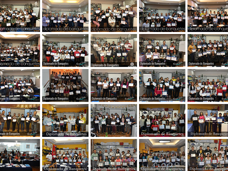 Collage de fotos de alumnos de las diferentes generaciones del curso ‘Curso para la Operación de Eventos y Alquiladoras’, mostrando a los graduados con sus diplomas en diversas sesiones de grupo.