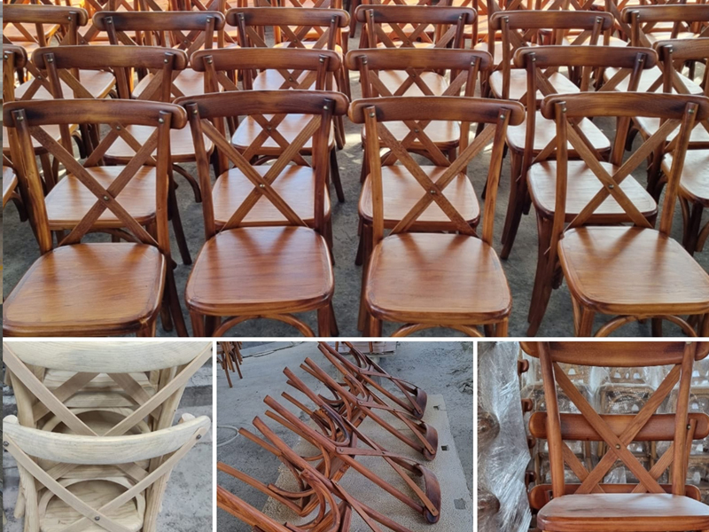 Conjunto de sillas crossback de madera, vistas desde diferentes ángulos, mostrando tanto el acabado final como el proceso de fabricación.